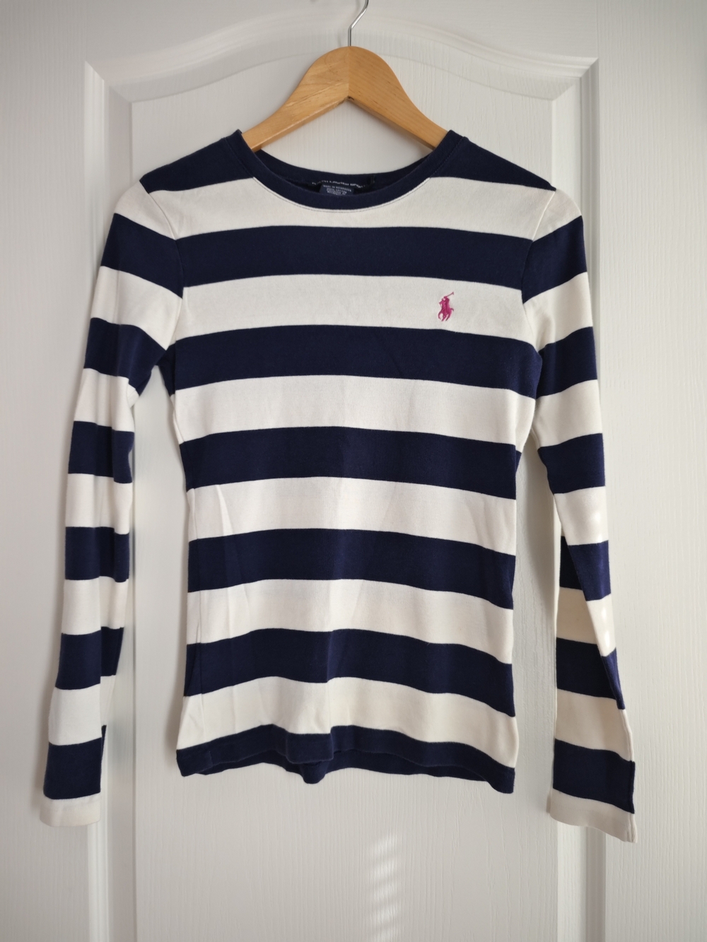 Ralph Lauren Navy and White Striped Long-Sleeve Cotton Sport Tee